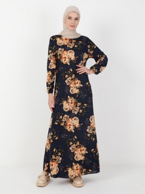ECESUN Lacivert Çiçek Desenli Elbise