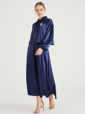 Birgül Bektaş Gece Mavisi Luna Bluz & Etek İkili Abiye Elbise Takım