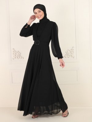 Amine Hüma Siyah Kemer Detaylı Abiye Elbise