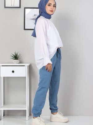 MISSVALLE Mavi Yazı Detaylı Lastikli Pantolon