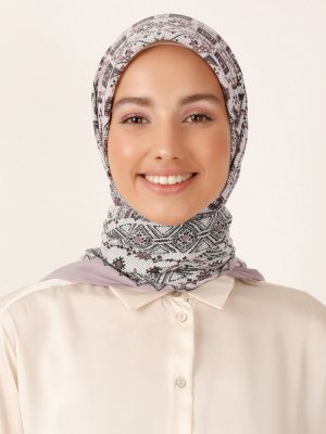 Miray Koyu Lila Kırık Beyaz Otantik Desen Cashmere Kışlık Eşarp