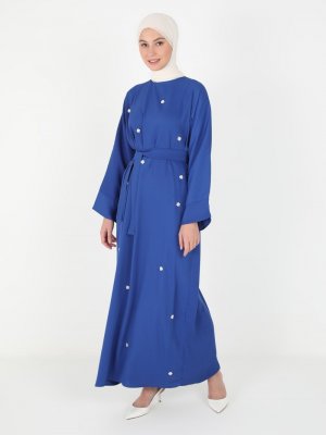 Tuncay Gece Mavisi İnci Aksesuarlı Elbise