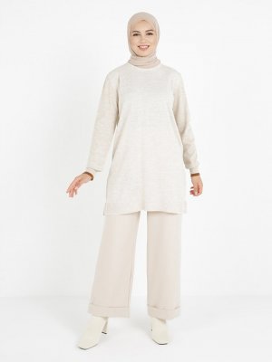 Tavin Açık Bej Bisiklet Yaka Kol Ucu Renk Detaylı Color Blok Triko Tunik