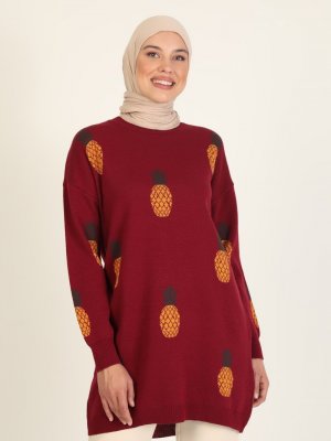 İLMEK TRİKO Bordo Desenli Triko Tunik