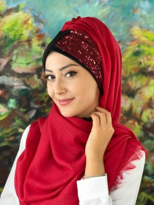 BUTİK AMBAR Tek Biritli Pullu Bordo Payetli Kırmızı Hazır Şal