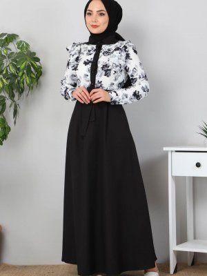 MISSVALLE Siyah Fırfırlı Çiçekli Elbise