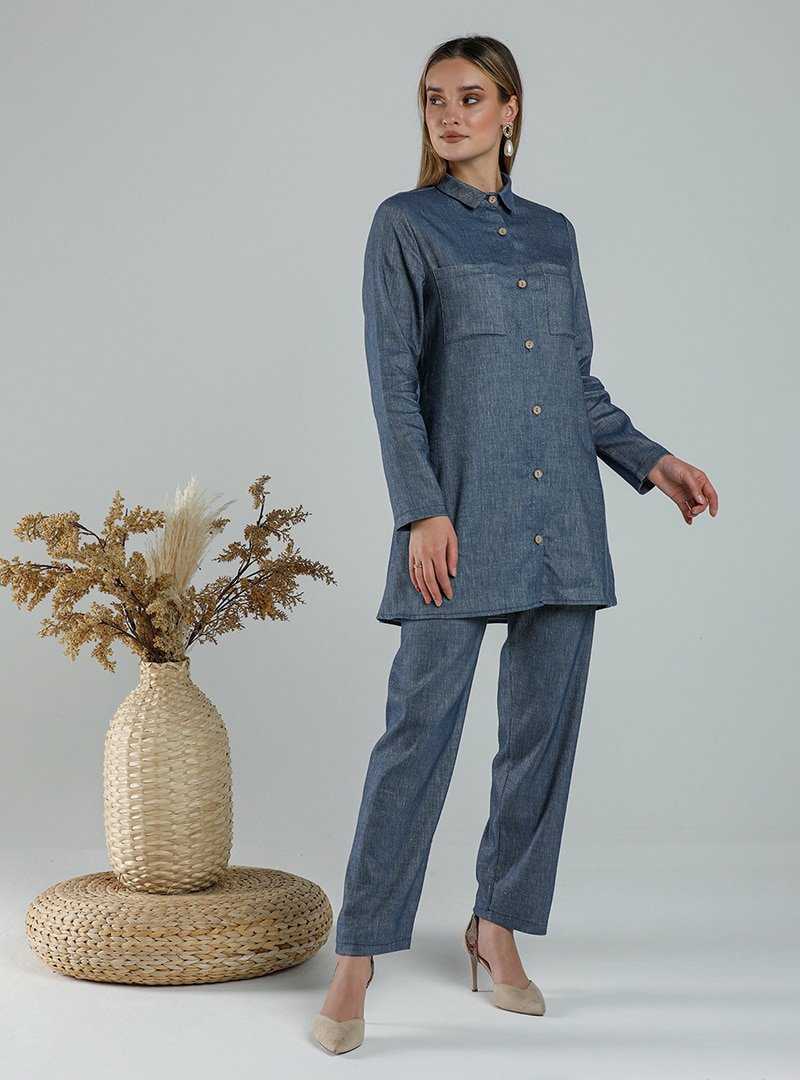 Haki Tekstil Mavi Tunik & Pantolon İkili Takım