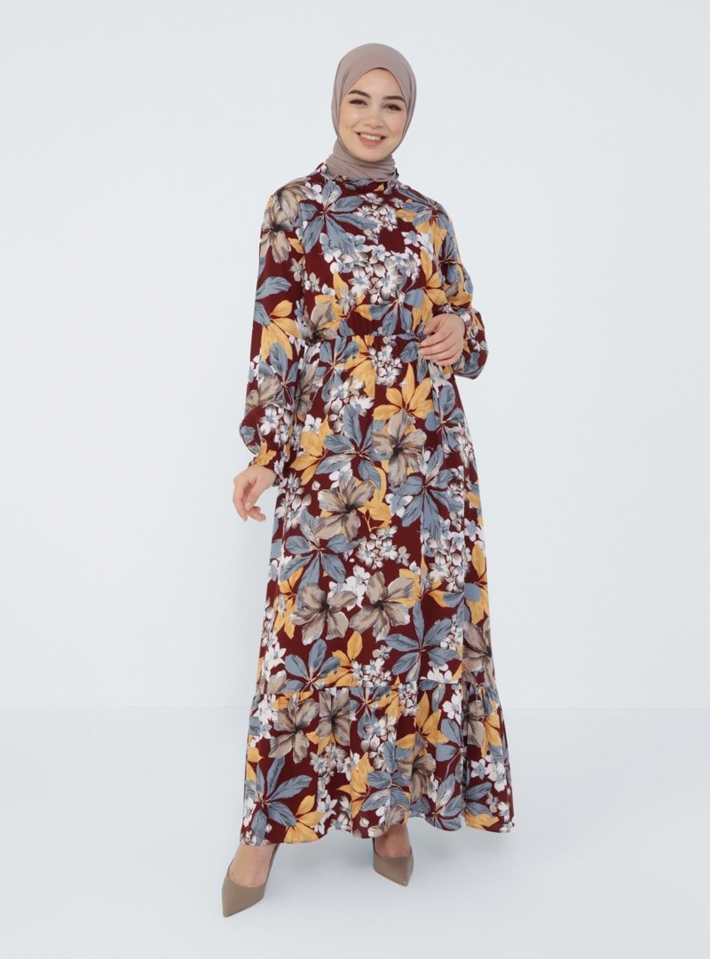 Tavin Bordo Doğal Kumaşlı Çiçek Desenli Beli Lastikli Elbise