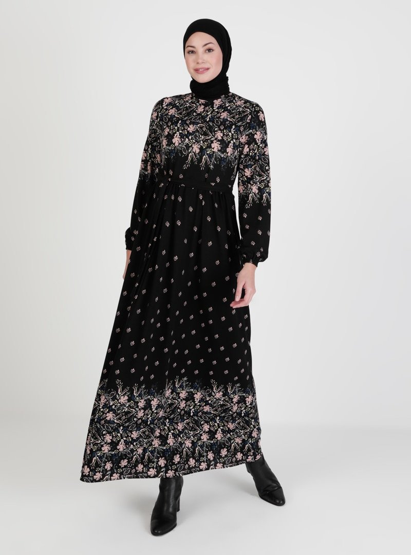 ECESUN Siyah Pudra Çiçek Desenli Elbise