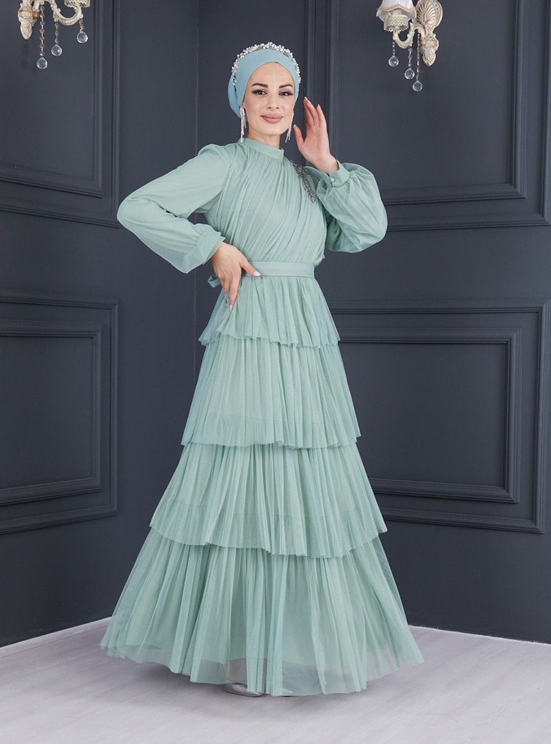 Sew&Design Mint Yeşili Aplikeli Kat Kat Fırfırlı Abiye Elbise