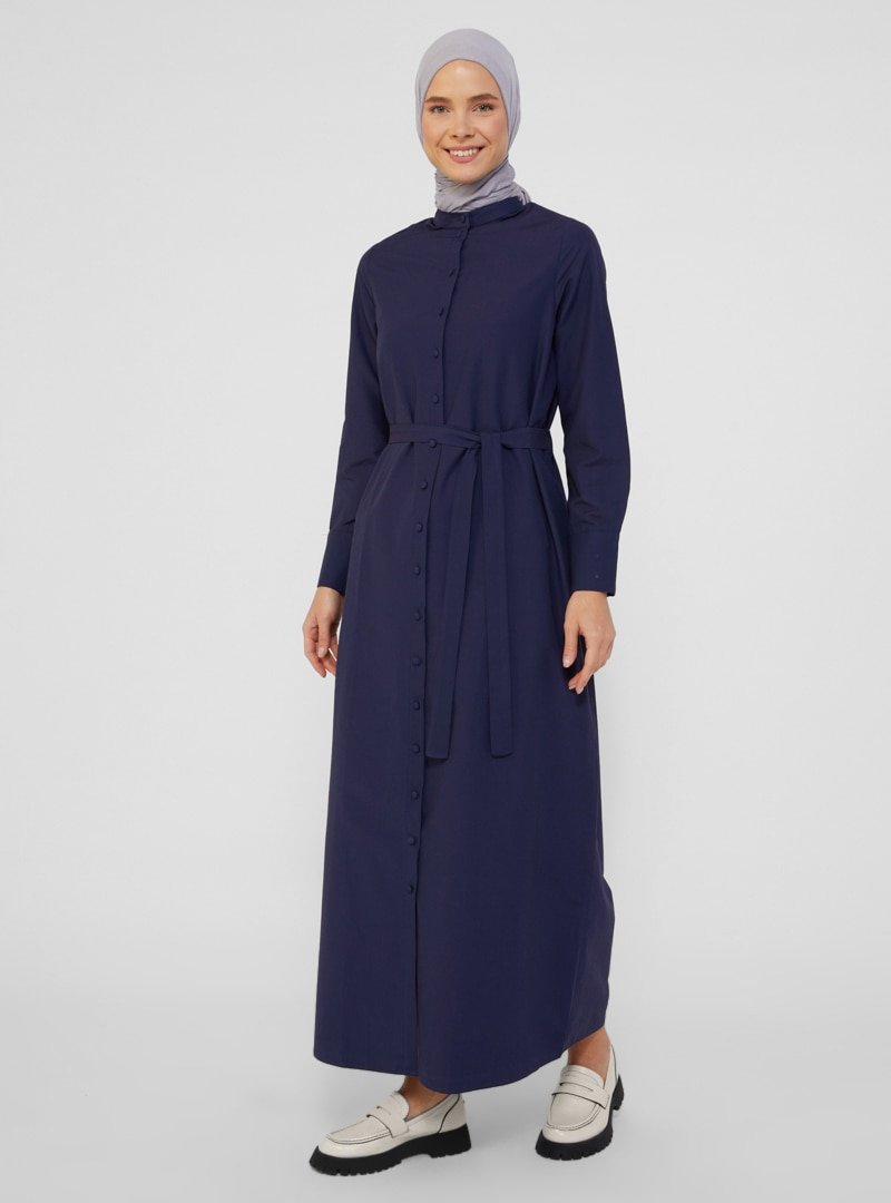 Refka Lacivert Kuşaklı Boydan Düğmeli Elbise