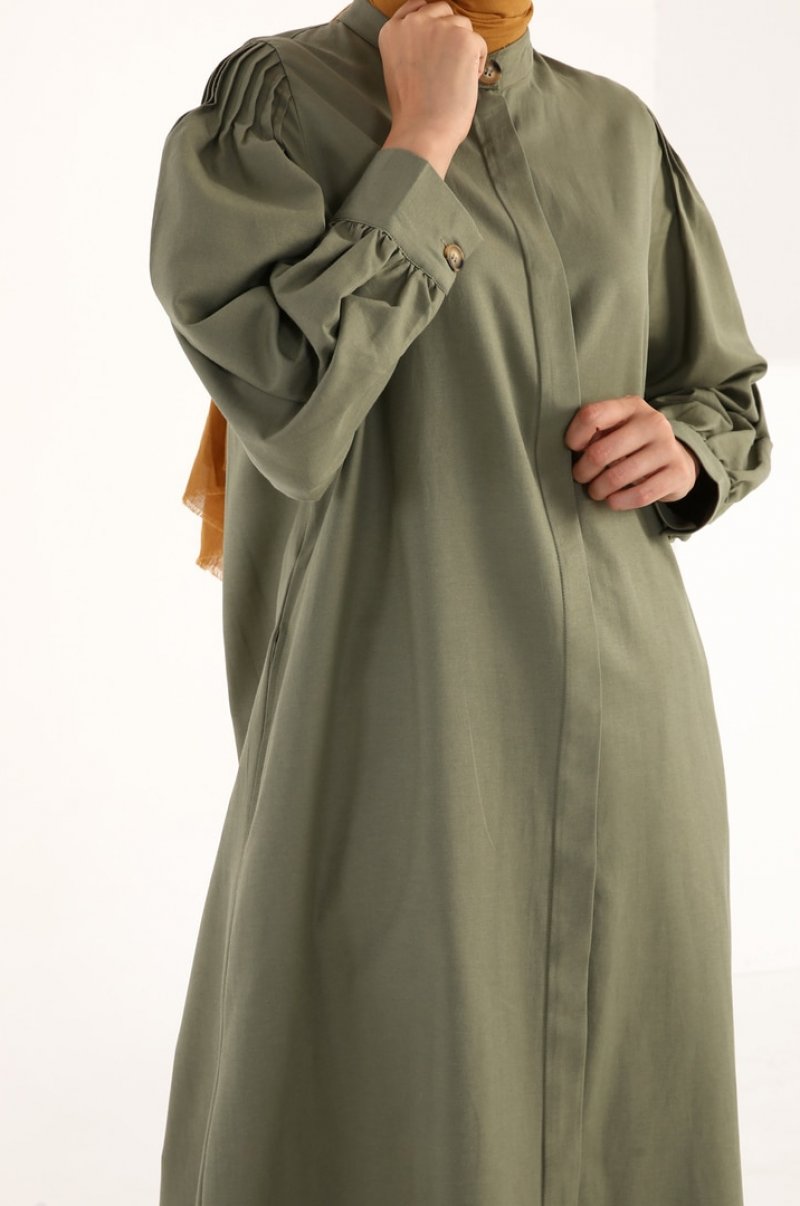 Allday Yeşil Kolu Nervürlü Cepli Pamuklu Ferace