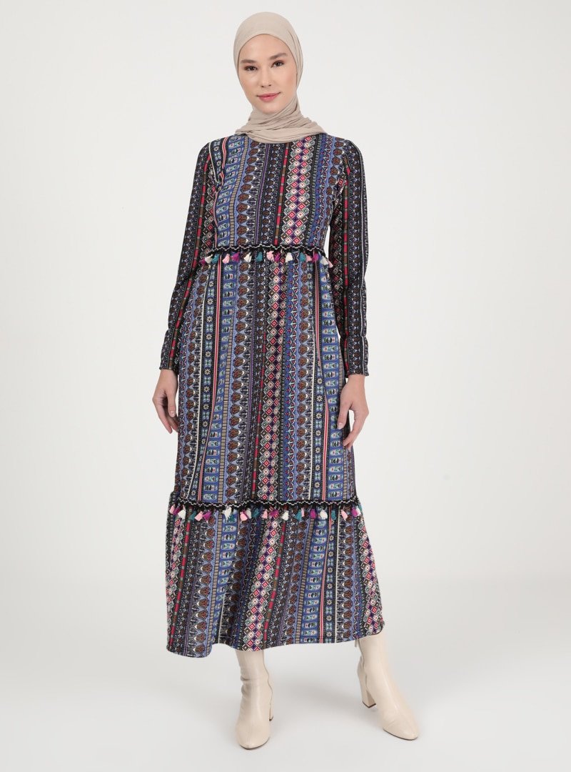 ZENANE İndigo Etnik Desenli Püskül Detaylı Elbise