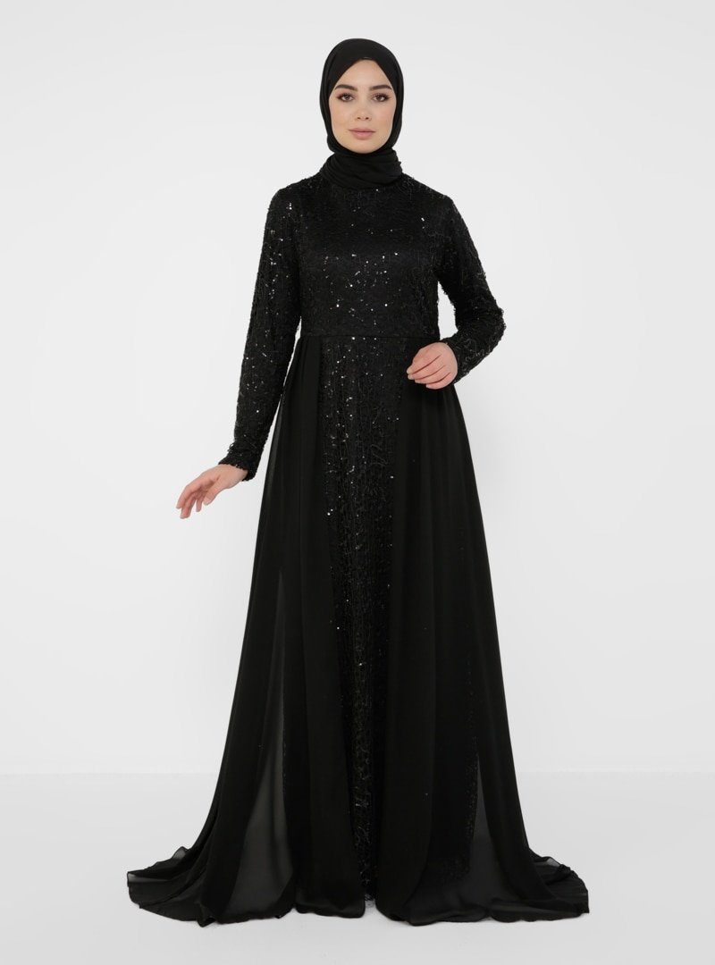 Tavin Siyah Payet Detaylı Tüllü Abiye Elbise