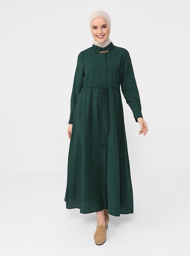 Refka Zümrüt Yeşili Gizli Pat Detaylı Kemerli Elbise