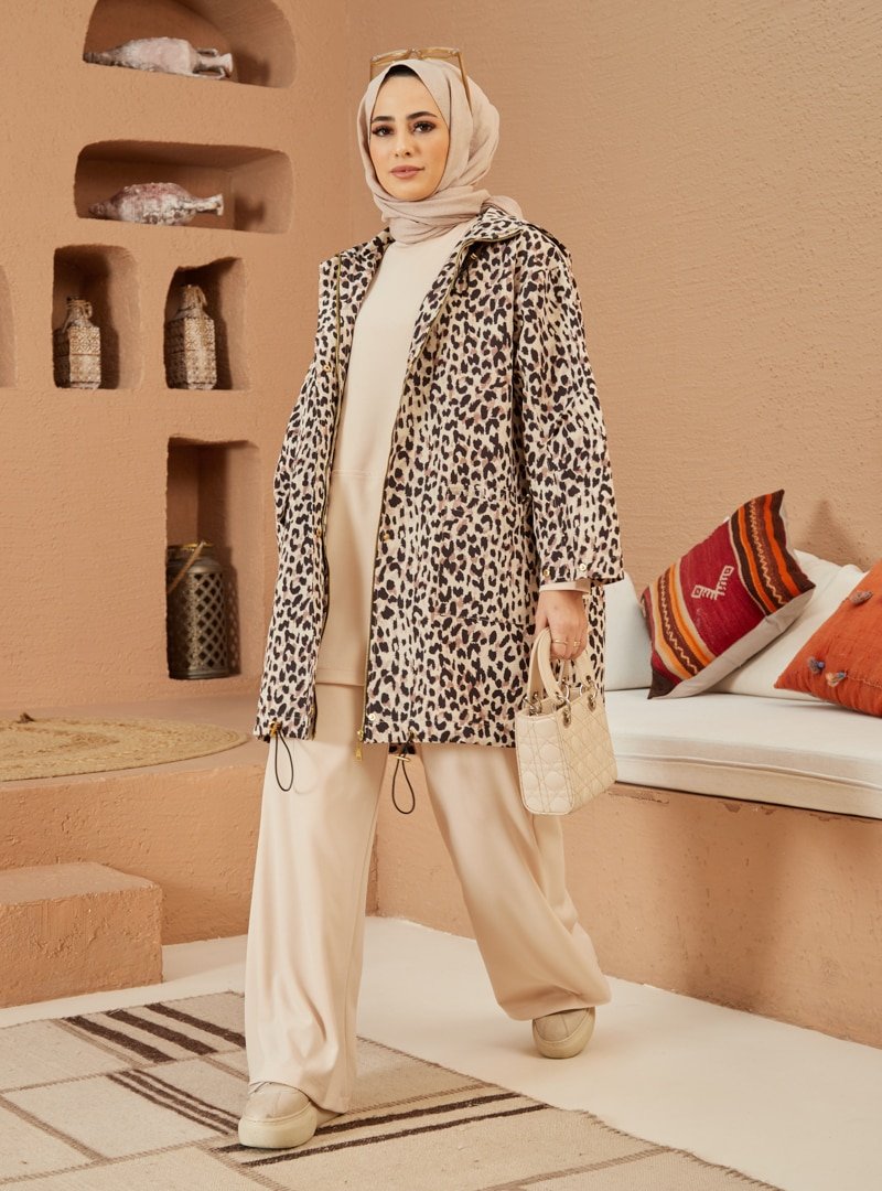 Savewell Woman Leopar Leo Oversize Kapüşonlu Kap