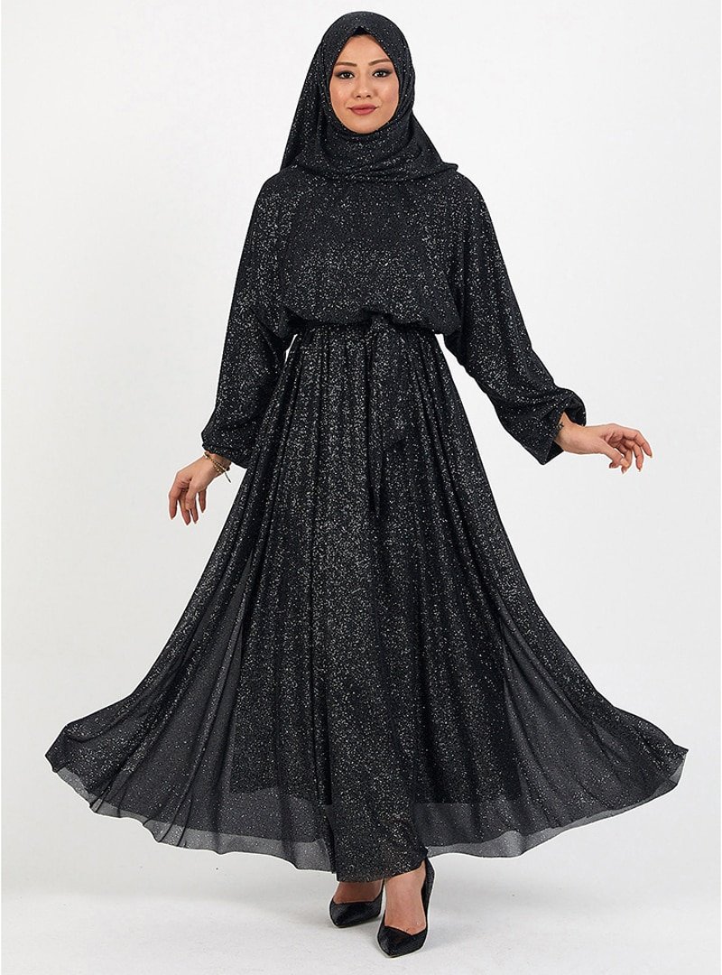 TESETTURİUM Siyah Simli Yarasa Kol Şifon Abiye Elbise