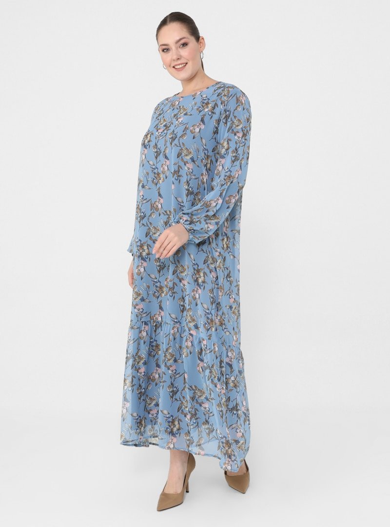 Alia Mavi Büyük Beden Astarlı Çiçek Desenli Elbise