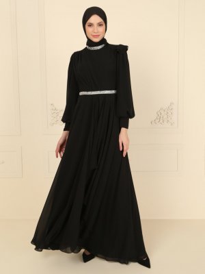 MODAYSA Siyah Mec Yapıştırma Aller Şifon Abiye Elbise