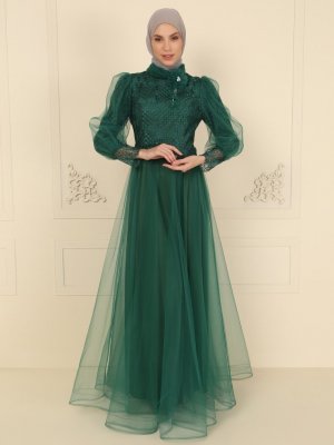 MODAYSA Yeşil Yakası Tül Detaylı Güpürlü Abiye Elbise