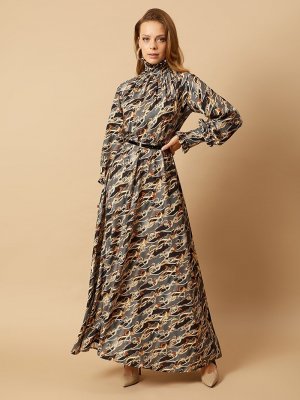 ROHS FASHİON Hardal Dik Yaka Kol Ucu Fırfırlı Zincir Desenli Eteği Kloş Elbise