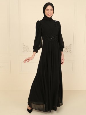 MODAYSA Siyah Pileli Şifon Abiye Elbise