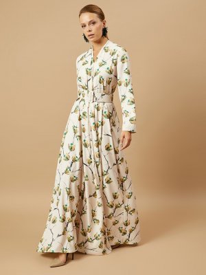 ROHS FASHİON Bej Çiçekli Önden Parçalı Elbise