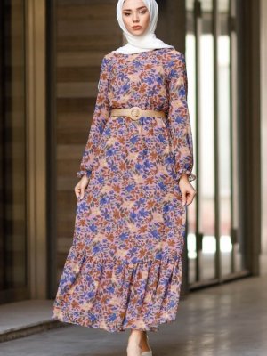 In Style Gül Kurusu Yaprak Desenli Şifon Elbise