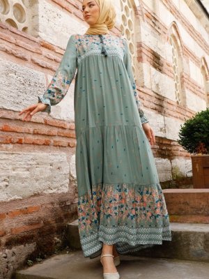 In Style Mint Sulu Desenli Salaş Elbise