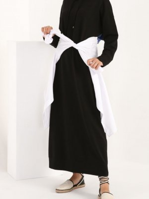 Allday Siyah Basic Kapüşonlu Örme Pamuklu Elbise