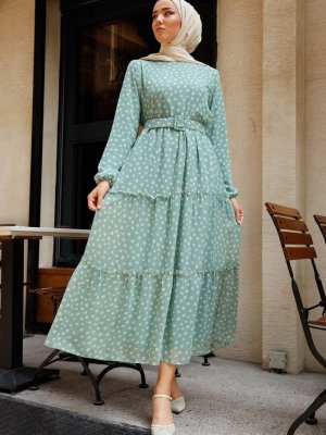 In Style Mint Kemerli Puantiye Desen Şifon Elbise