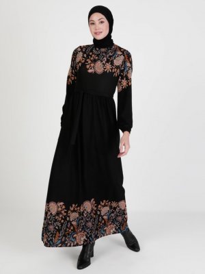 ECESUN Siyah Mor Çiçek Desenli Elbise