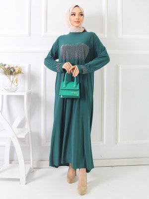 Moda Dua Zümrüt Yeşili Taş Detaylı Elbise
