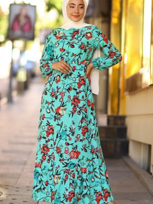 In Style Mint Açelya Çiçeği Desen Dokuma Elbise