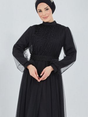 Moda Echer Siyah Tül Kumaş Ön Ve Kemer İnci Detaylı Abiye Elbise