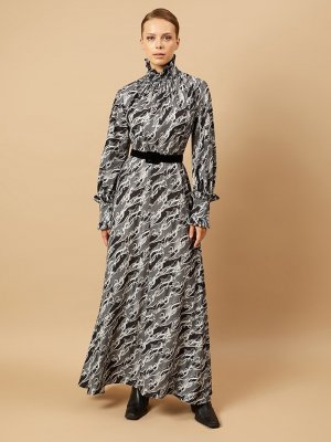 ROHS FASHİON Gri Dik Yaka Kol Ucu Fırfırlı Zincir Desenli Eteği Kloş Elbise