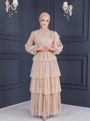 Moda Echer Açık Taş Güpürlü Kat Kat Etekli Tül Abiye Elbise