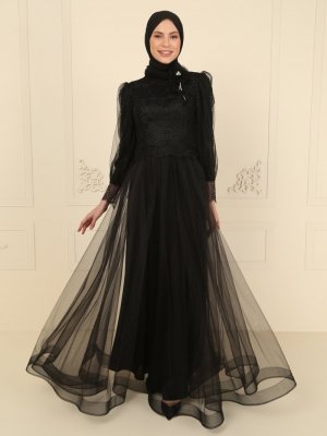 MODAYSA Siyah Yakası Tül Detaylı Güpürlü Abiye Elbise