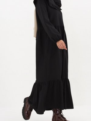 Allday Siyah Yakası Fırfır Detaylı Pamuklu Elbise