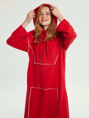 Muni Muni Kırmızı Dikiş Detaylı Rahat Kesim Elbise