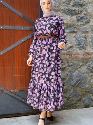 In Style Lila Damla Desen Kemerli Şifon Elbise