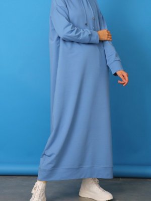 Allday Mavi Soft Basic Kapüşonlu Örme Pamuklu Elbise