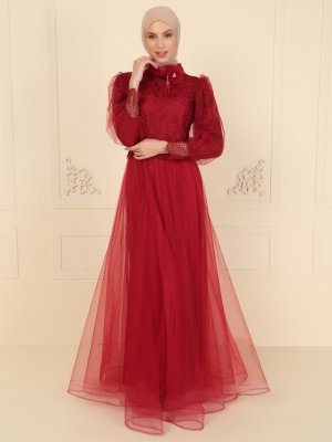 MODAYSA Kırmızı Yakası Tül Detaylı Güpürlü Abiye Elbise