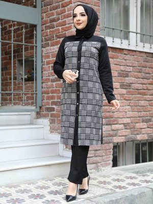 HAKİMODA Gri Digonel Ekose Tunik Pantolon Kombin