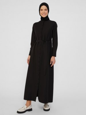 Refka Siyah Kuşaklı Boydan Düğmeli Elbise