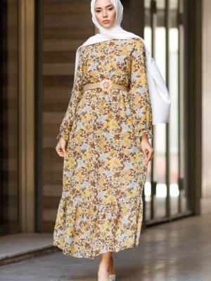 In Style Hardal Yaprak Desenli Şifon Elbise