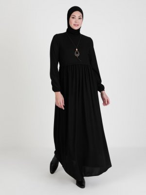 ECESUN Siyah Kol Uçları Lastikli Elbise