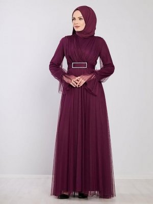 Moda Echer Mürdüm Kemerili Taş Aksesuarlı Abiye Elbise