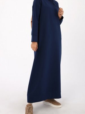 Allday Mavi Koyu Basic Kapüşonlu Örme Pamuklu Elbise