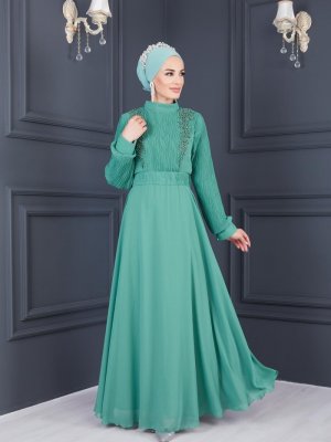 Moda Echer Su Yeşili Piliseli Ve Güpür Detaylı Abiye Elbise